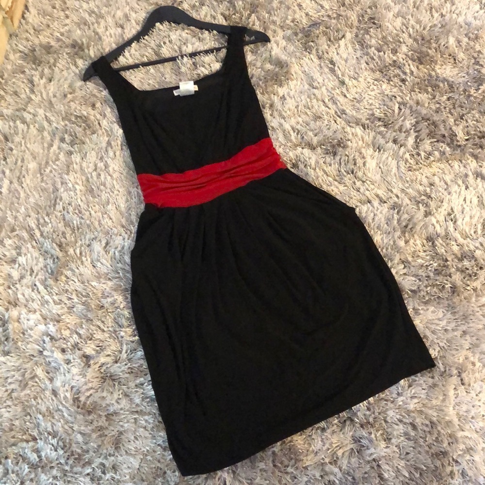 Black dress with pockets & red sash tie